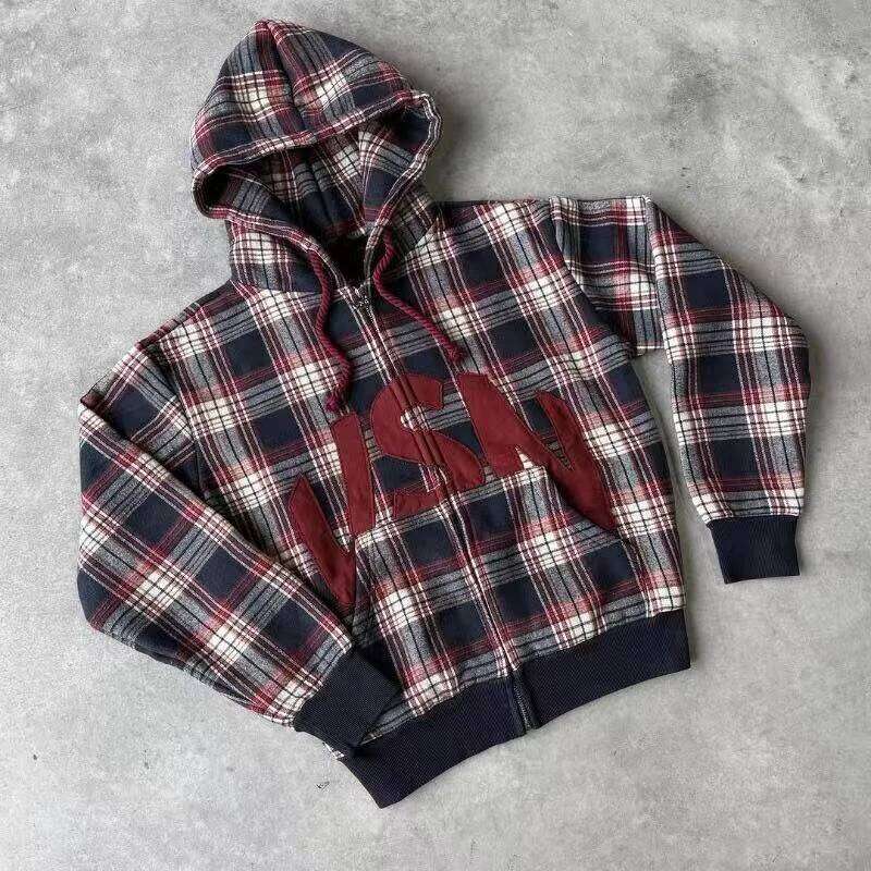 Fashion Europe And America Casual Loose Design Plaid Element Sweatshirts Winter Letter Pattern Zip Up Jackets Harajuku Hoodies