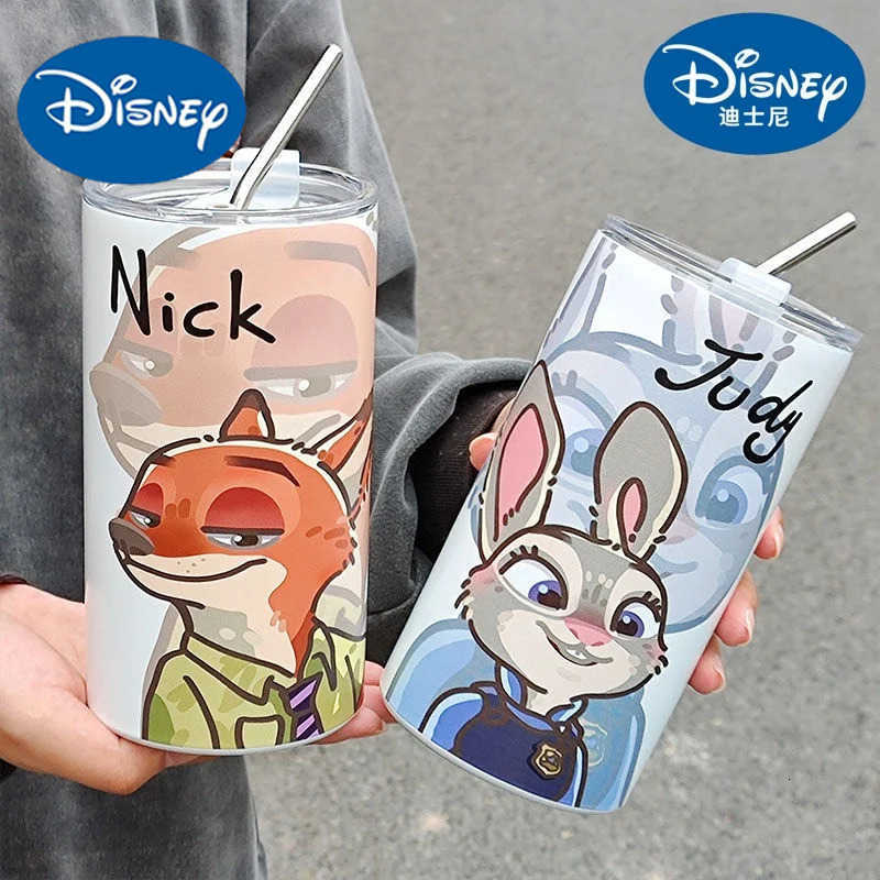 Disney 600Ml Zootopia Nick Wilde Judy Hopps Straw Cup 304 Stainless Steel Student Portable Anti-Fall Coffee Cup Cute Water Cup H251203