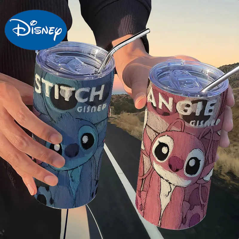 Disney 420Ml Kawaii Cartoon New Style Stitch Thermos Cup with Straw 304 Stainless Steel Portable Coffee Cup Student Water Cup H251203