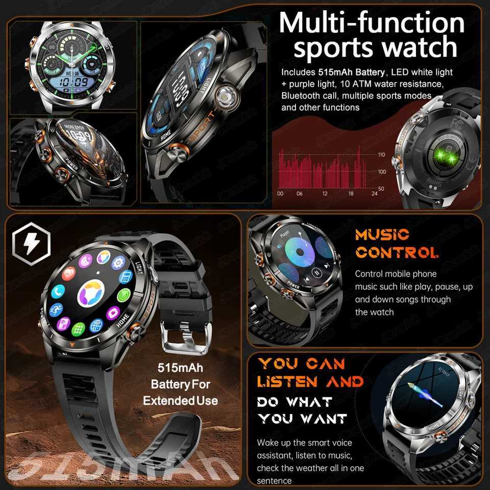 Military Smart Watch Men 10ATM Waterproof 146 AMOLED Sn LED Flashlight 515mAh Battery Rate Sport BT Call Smartwatch C251203