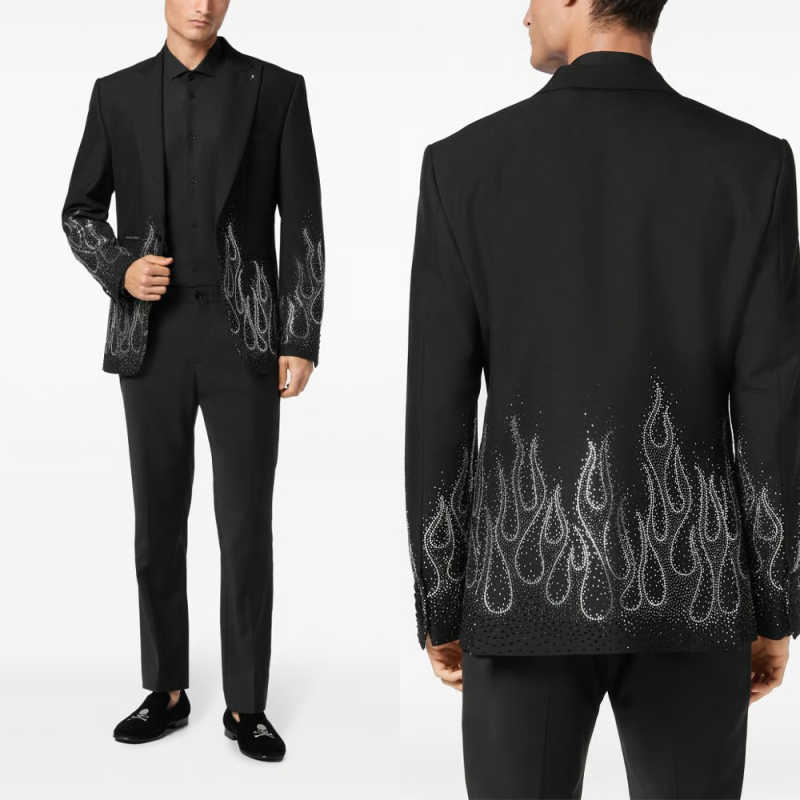 Luxury Men Suits Slim Fit 2 Pieces Jacket Pants Crystal Wedding Groom Tuxedo Prom Party Dinner Customized Ropa Hombre