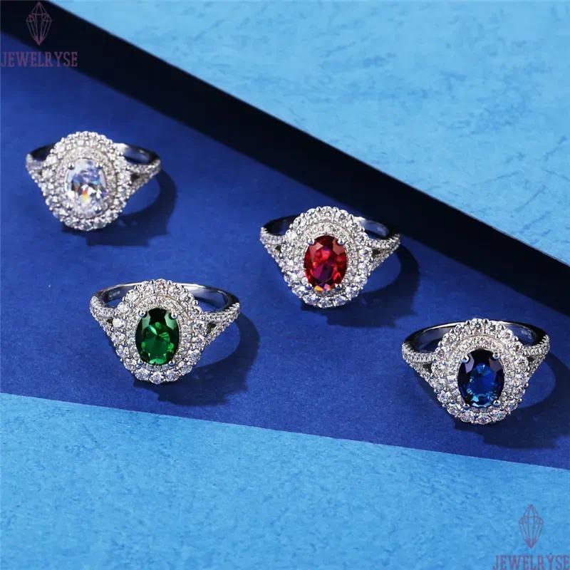 female shining 6x8mm oval designer ring s925 sterling silver for woman wedding blue red 5A cubic zirconia engagement diamond rings womens jewelry size