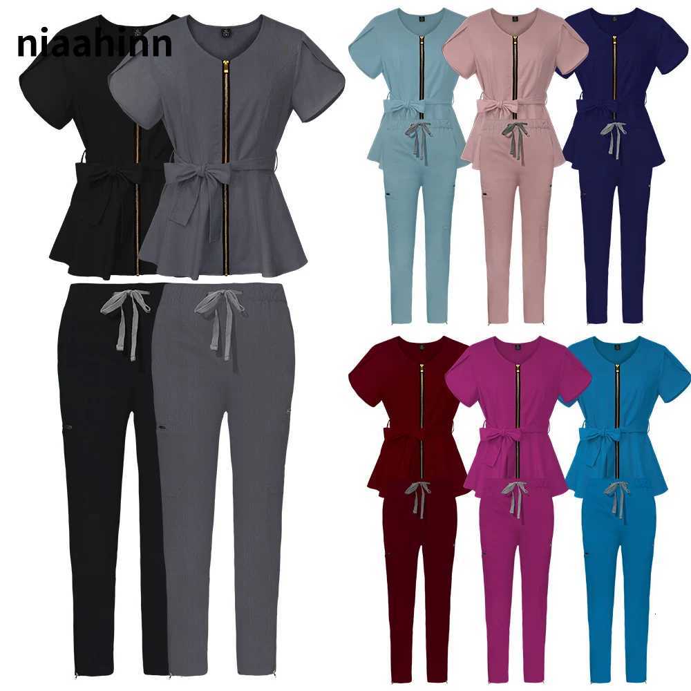 Nurse Uniform Suit Scrubs Uniforms Veterinary Work Clothes Scrub Tops Pants Women Solid Color Short Sleeve Pockets Carer Uniform X251203