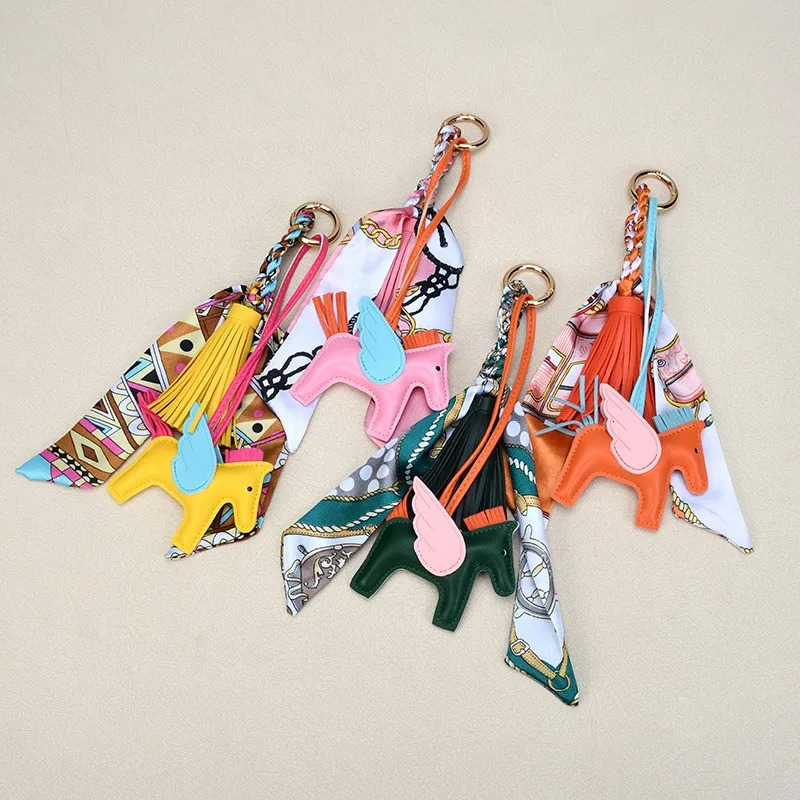 womens bags American fashion small Pegasus pendant high-end silk scarf PU leather fringed bag pendant car keychain 251126
