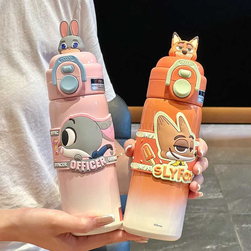 Disney 500ml Stitch Thermos Cup Zootopia Cartoon Nick Judy Dual-Drinking Straw Cup Cute Printing Student Water Cup Girl Gifts H251203