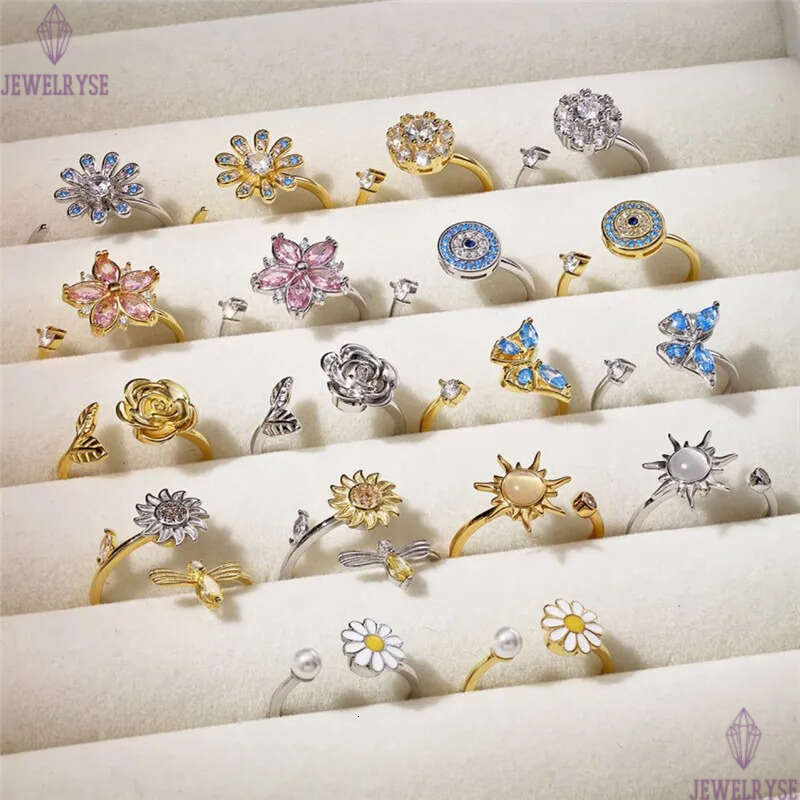 rotatable designer gold ring for woman 925 sterling silver blue butterfly flower pink 5A zirconia diamond womens finger rings jewelry opening adjustab
