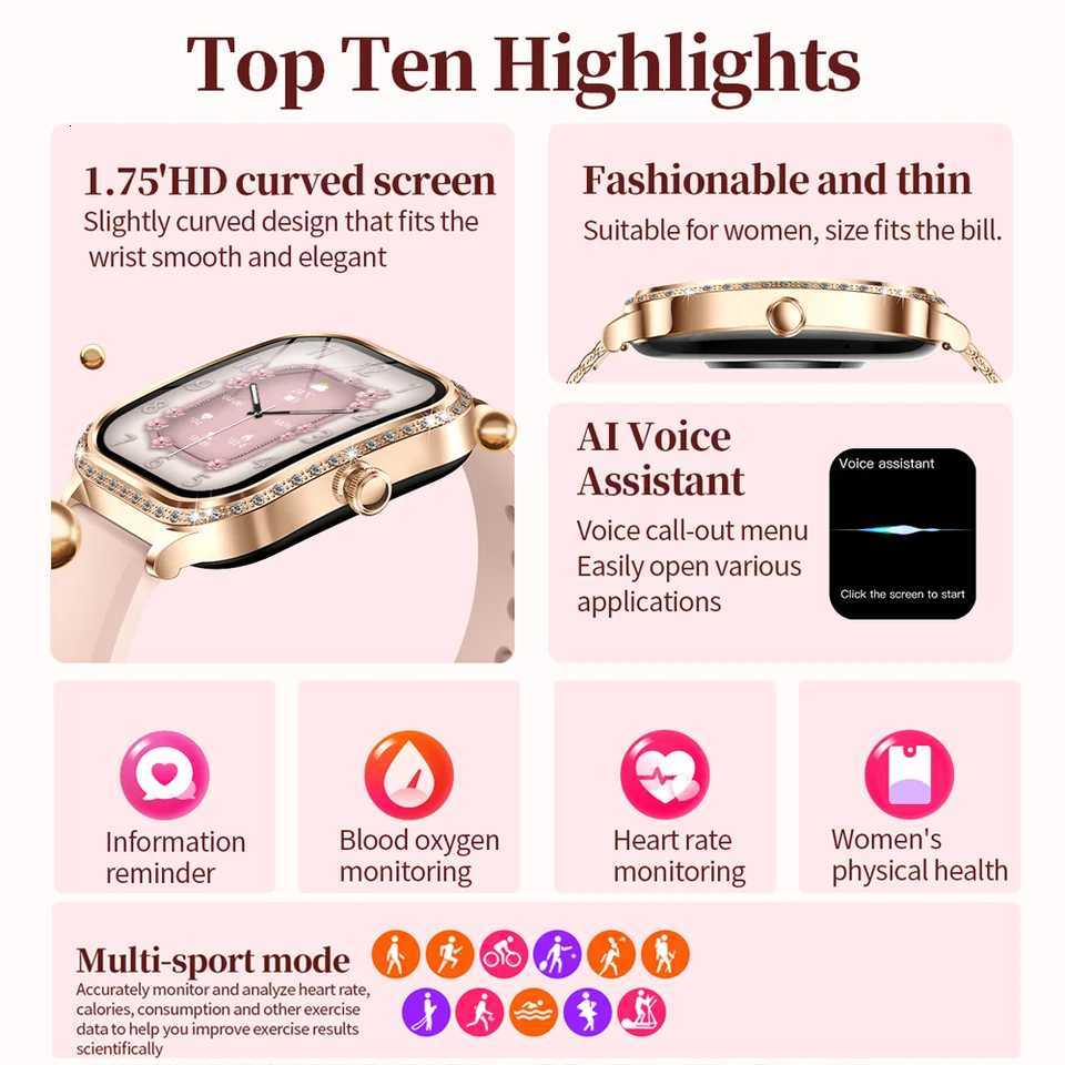 New Fashion Wens Smart Watch Rate 175 Inch 240296 HD Sn Diamond Watch Call Waterproof SmartWatch Ladies C251203
