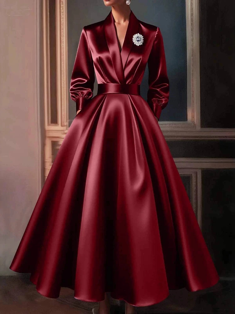 Elegant Womens Satin Dress V Neck Long Sleeve Pleated Maxi Waisted Evening Party Wedding Guest Dresses Vestidos 251128