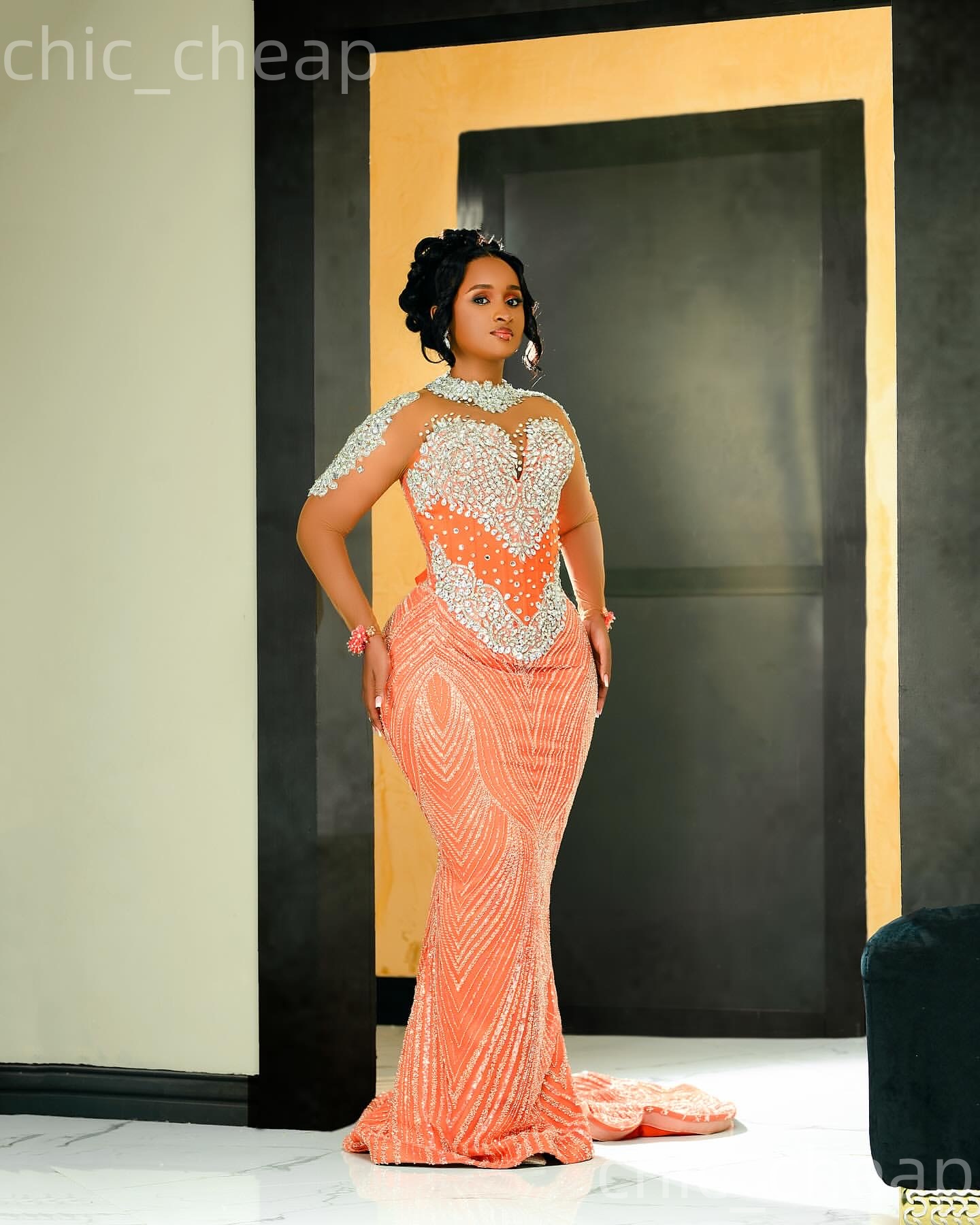 Aso Ebi Coral Mermaid Prom Dresses 2026 Beaded Crystals Full Sleeves Evening Formal Party Second Birthday Engagement Gowns Plus Size Dress For Special