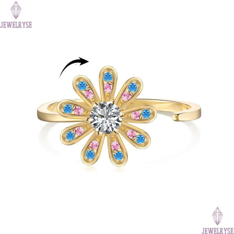 rotatable designer gold ring for woman 925 sterling silver blue butterfly flower pink 5A zirconia diamond womens finger rings jewelry opening adjustab