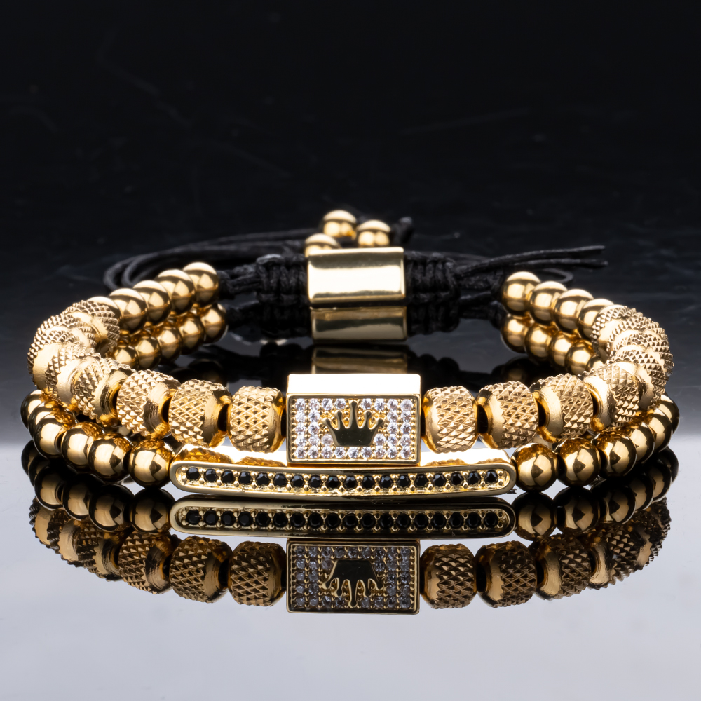 2pcs/set Charm Bracelet Men Stainless Steel Bracelet Beads Gold Color Bracelet For Men Cz Zircon Crown Bracelet
