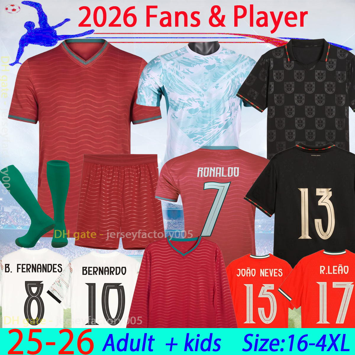 2026World Cup Portugal soccer Jerseys Ronaldo men kids kit FANS player version 25 26 CR7 DANILO Football shiirts BRUNO FERNANDES JOAO FELIX RUBEN RAFA LEAO size 16-4XL
