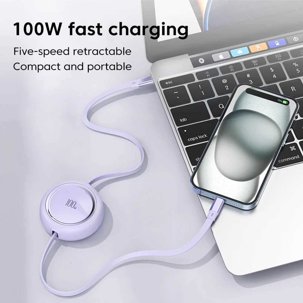 PD 100W Retractable Type C to USB C Fast Charge Data Cable For iPhone 15 Book USB C To Lightning Cable C251203