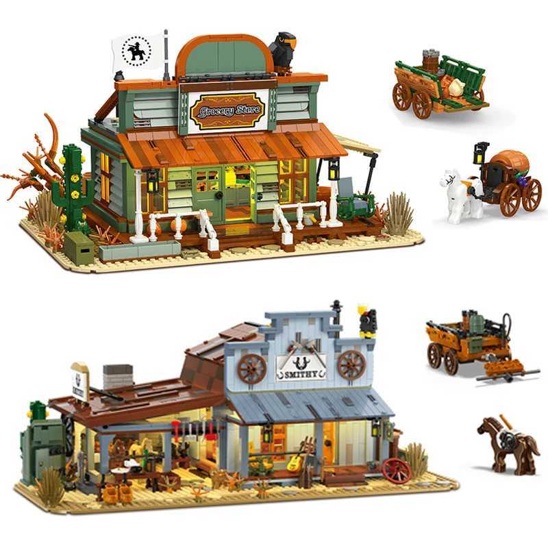 Western Blacksmith Shop Building Blocks Kit MOC Medieval Street Scene Grocery store with Carriage Model Bricks Diy Toy Kids Gift C251203