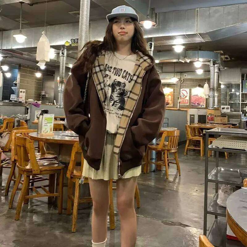 Fashion Brown Zip Up Hoodie 2023 Autumn Lattice Stitching Long Sleeve Casual Oversized Sweatshirt Solid Jacket Women Clothing