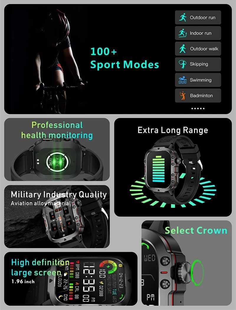 2024 New For 196 Call Military Smart Watch Men 5ATM Outdoor Sports Fitness Tracker Health Monitor Smartwatch C251203