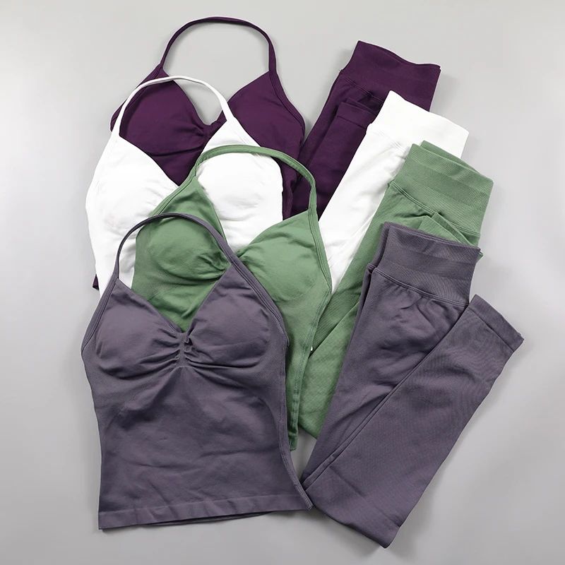 US Stock Dfyned 2pcs Gym Set Women Padded Tank Tops Longline High Waist Scrunch Seamless Yoga Leggings Fitness Clothes Workout Sets Suit Activewear Tracksuit Pants