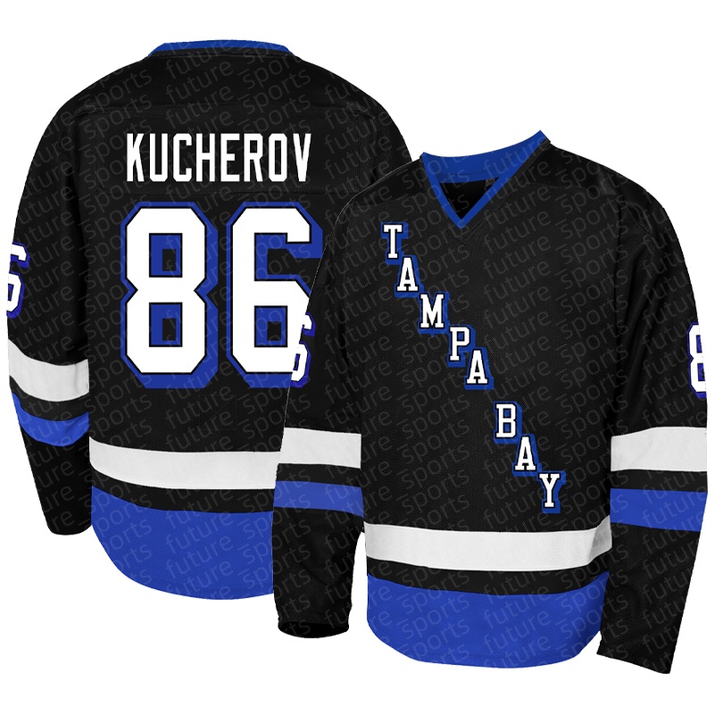 Black men's 86 KUCHEROV embroidered ice hockey jersey, classic lightning sports V-neck casual fashion jersey