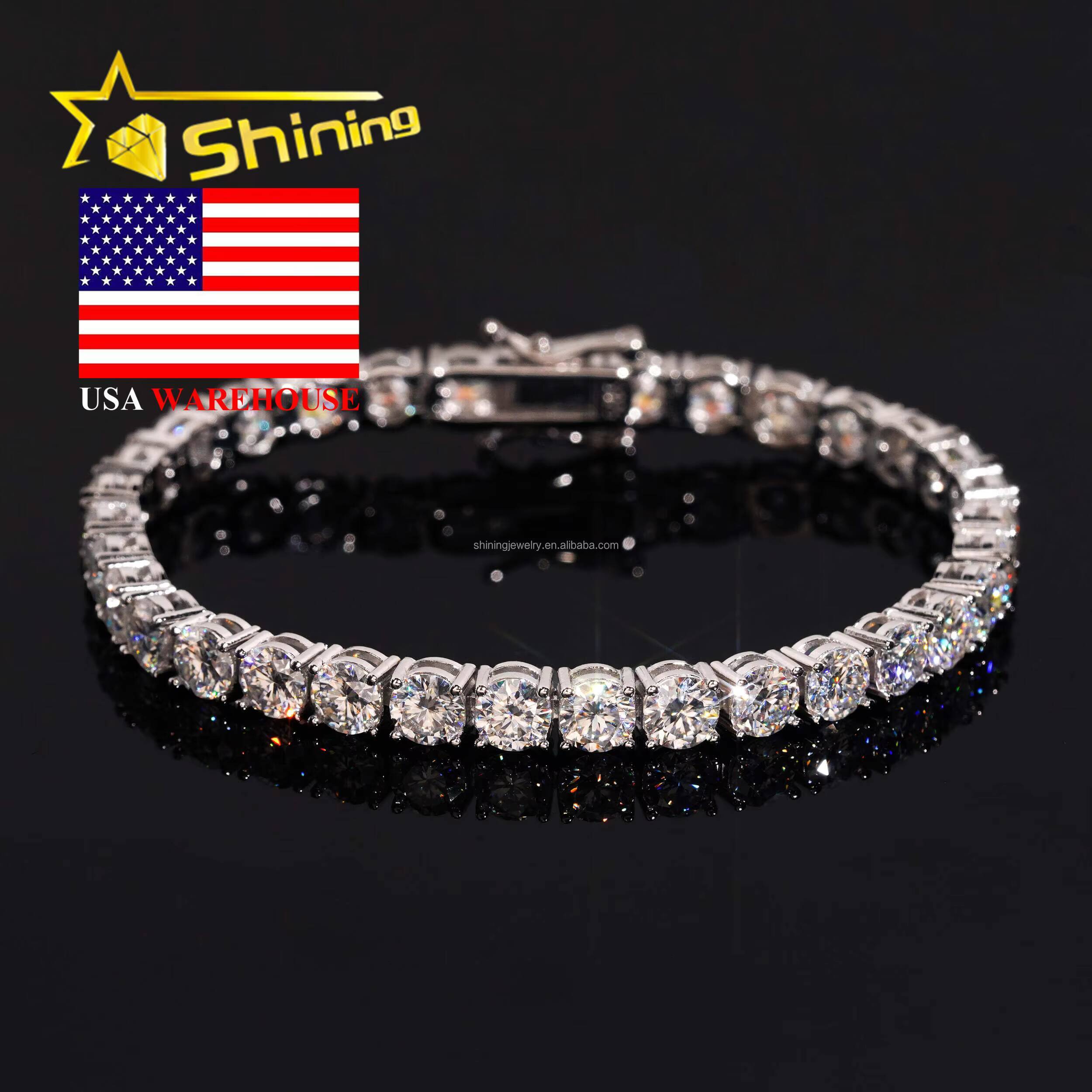 In Stock Ship in USA Warehouse Hip Hop Fire Jewelry FL 5mm Moissanite Prong Setting S925 Solid Silver Iced Out Tennis Bracelet