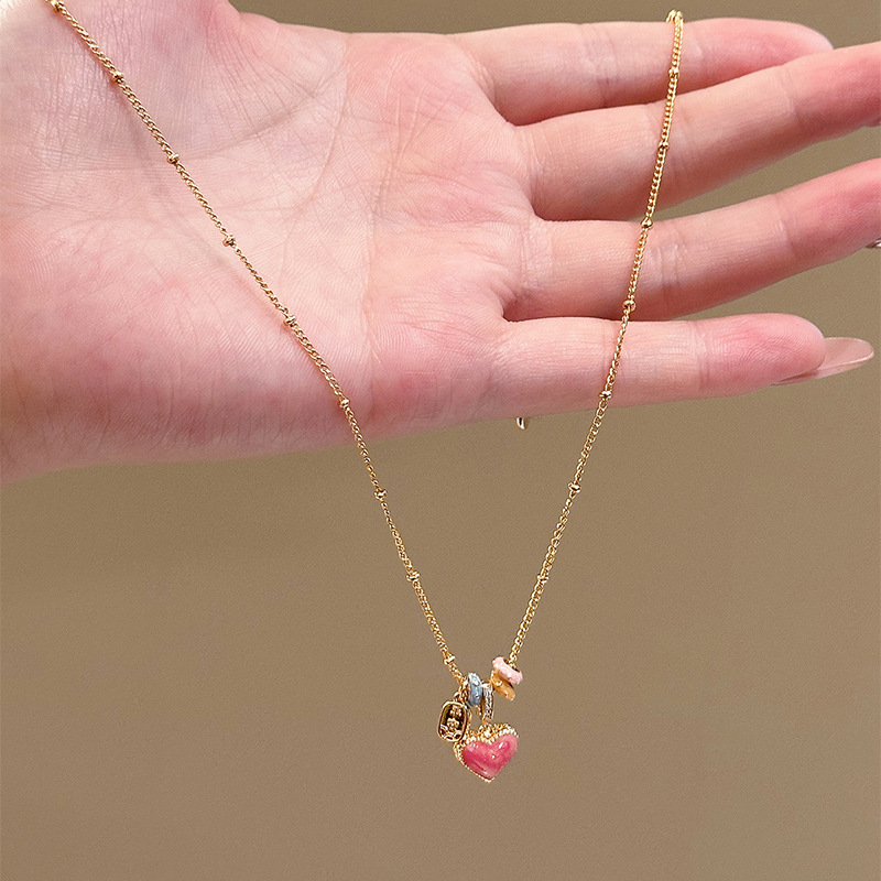 Real Gold Plated Zircon Oil Drop Heart Necklace Korean Style Sweet Temperament Collarbone Chain Light Luxury Niche Versatile Women's Jewelry - view 5