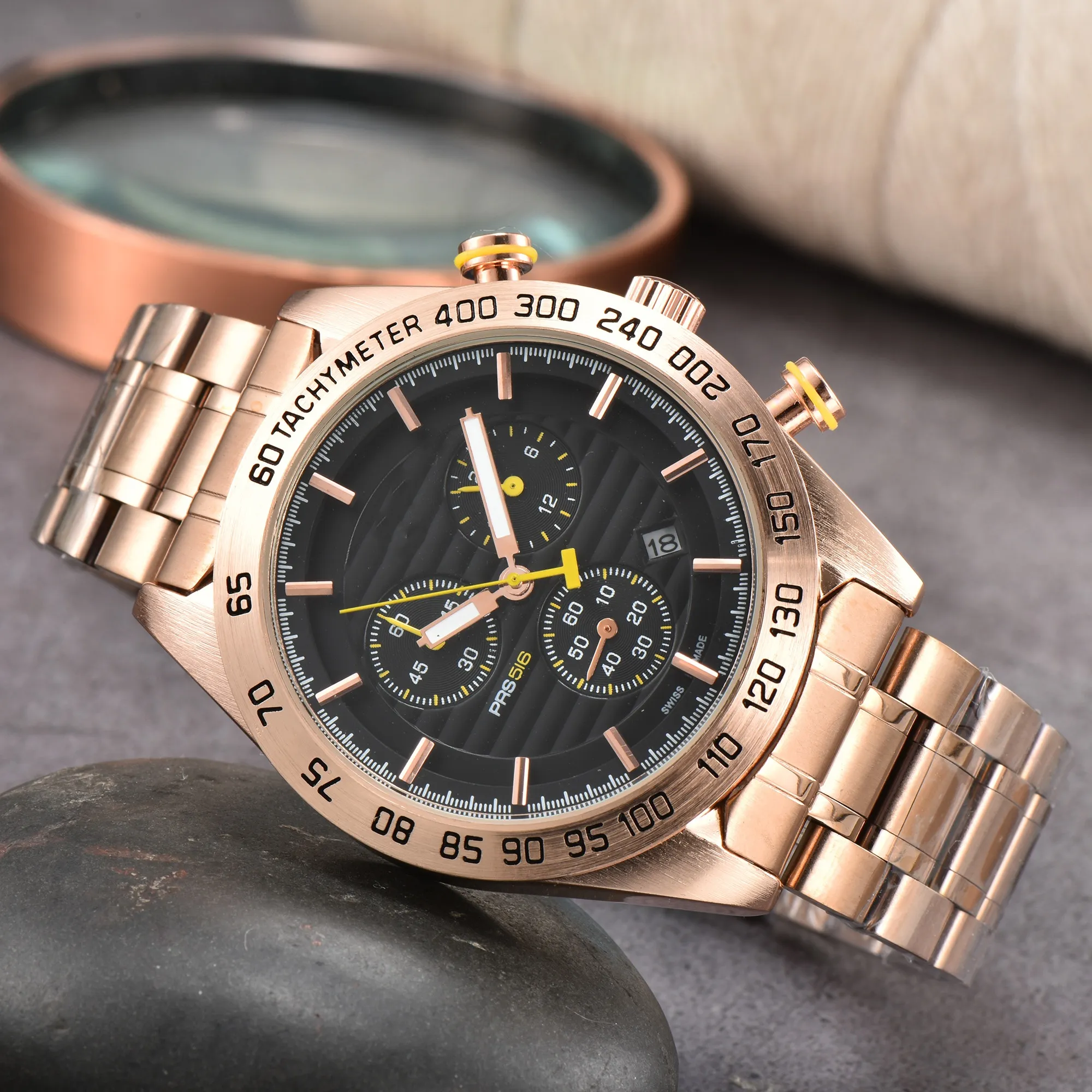 New high-quality premium men's watch. Designer model watch. Elegant steel bracelet.