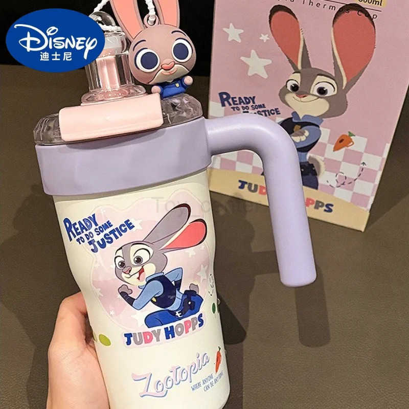 Disney 800ml Water Cup Zootopia Judith Nick Cartoon Anime Printing Accessories Kawaii Office Straw Cup with Handle Holiday Gift H251203