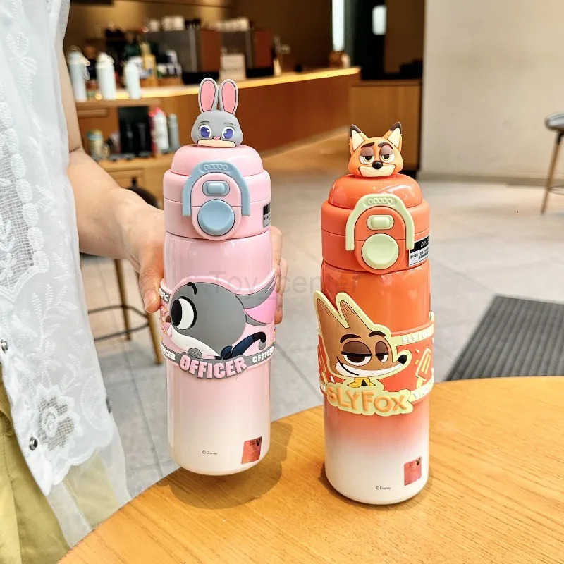 Disney Zootopia 2 Thermos Judy Nick Cartoon Cute Double Drinking Mouth Water Cup Straw Keep Cool Students Bottle Commute Gifts H251203