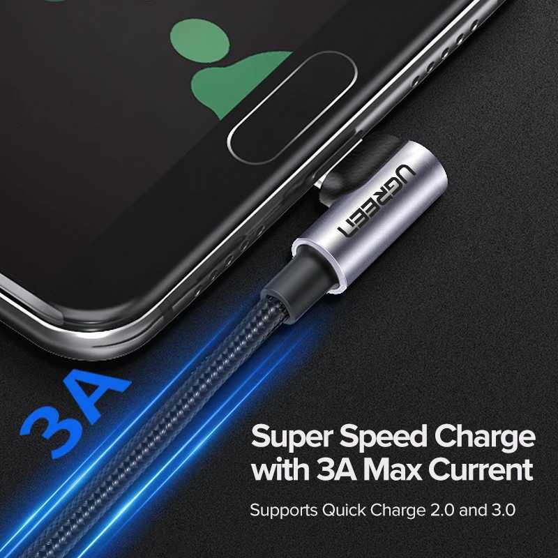 UGREEN Nylon USB C Cable 90 Degree Fast Charger USB Type C Cable for Mi 8 Galaxy S9 Plus Mobile Phone USB-C Cord C251203