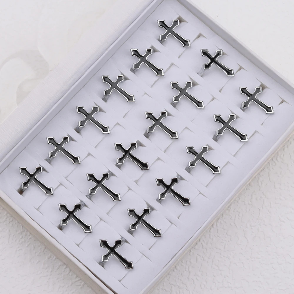 20/40Pieces/Lot Wholesale Black Cross Ring For Women Jesus Style Mens Trendy Vintage Punk Metal Religious Rings Party Gift 251128