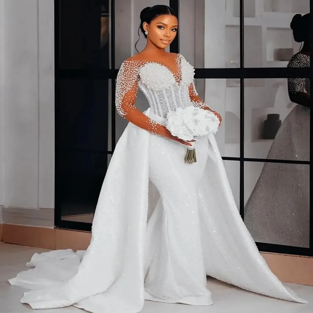 Shiny Pearls Mermaid Bridal Gowns Off Shoulder Long Sleeve Wedding Dresses Sequins Vestidos De Novia Customized