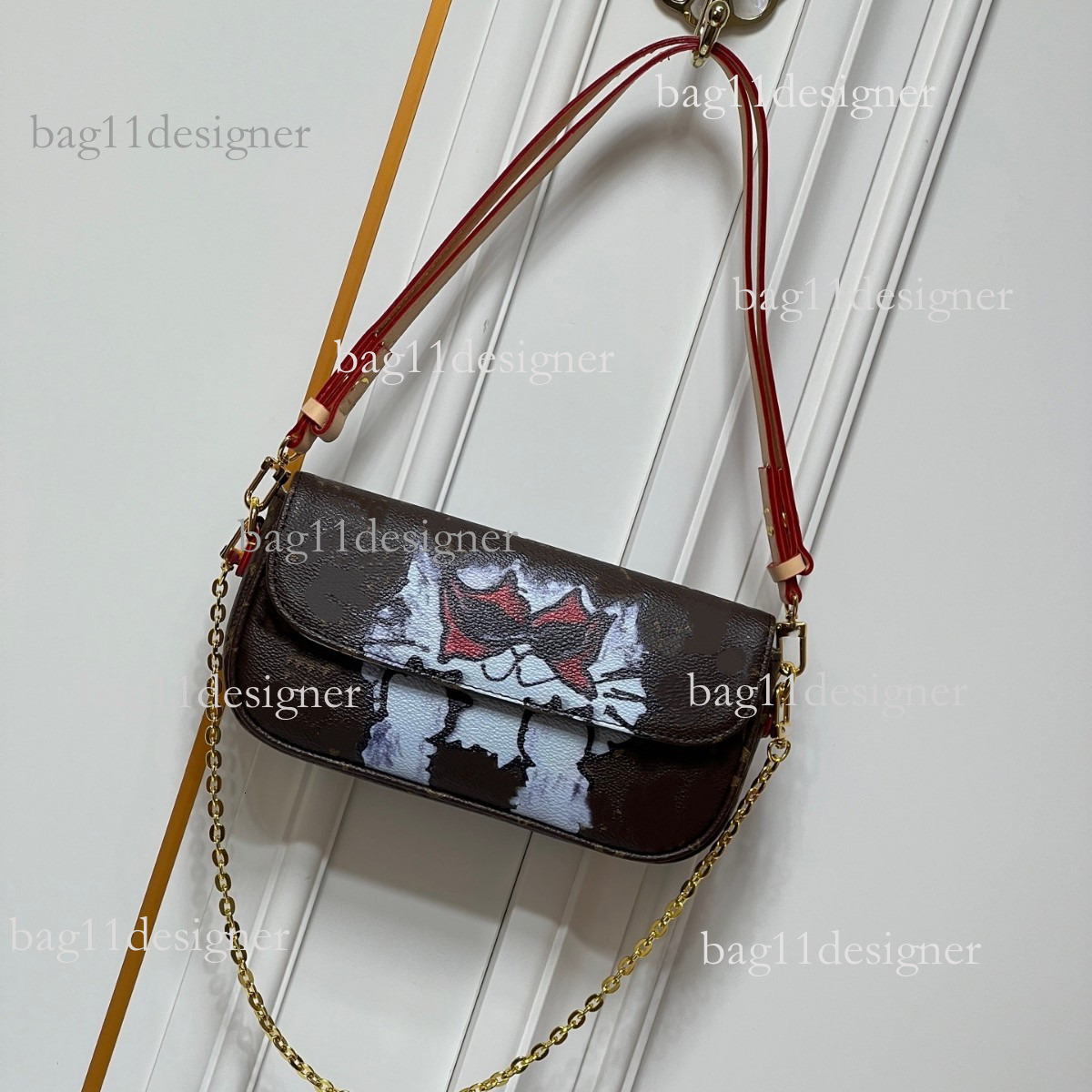 New Cat Illustration Single Shoulder Crossbody Bag Fashion Handbag Wide Version