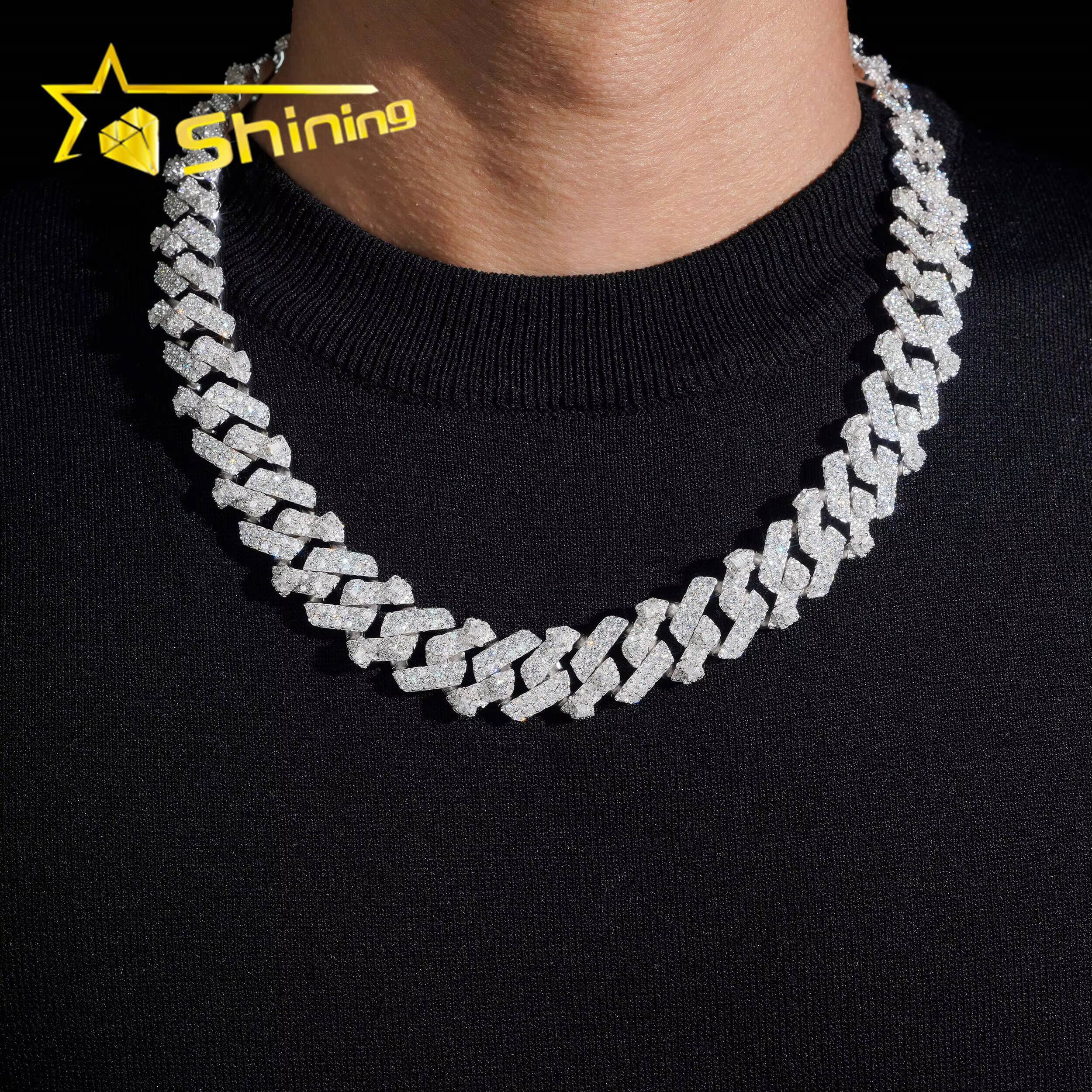 Pass Diamond Tester Men Necklace 925 Sterling Silver Hip Hop Iced Out Emerald Cut Moissanite 18mm 2 Rows Cuban Link Chain