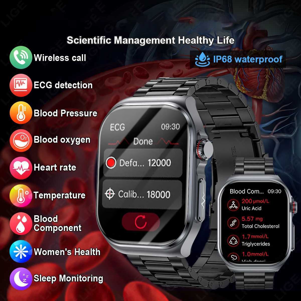 LIGE AMOLED Smart Watch ET585 Men ECG Blood Cpositoin Health Monitoring Call Wen Sports Fitness Tracker Smartwatch C251203