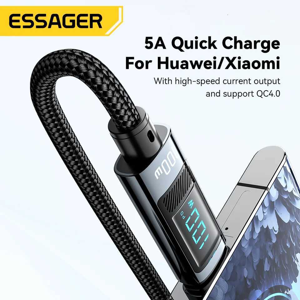 Essager 100W USB Type C Cable 90 LED Digital Display Cable 5A PD Fast Charging For iPhone 16 15 Book C251203