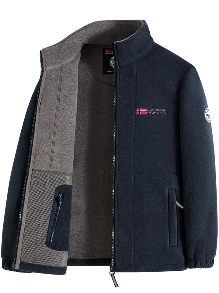 Navy Blue Fleece Zip Up Jacket with Norwegian Flag and Outdoor Norway Embroidery 251129
