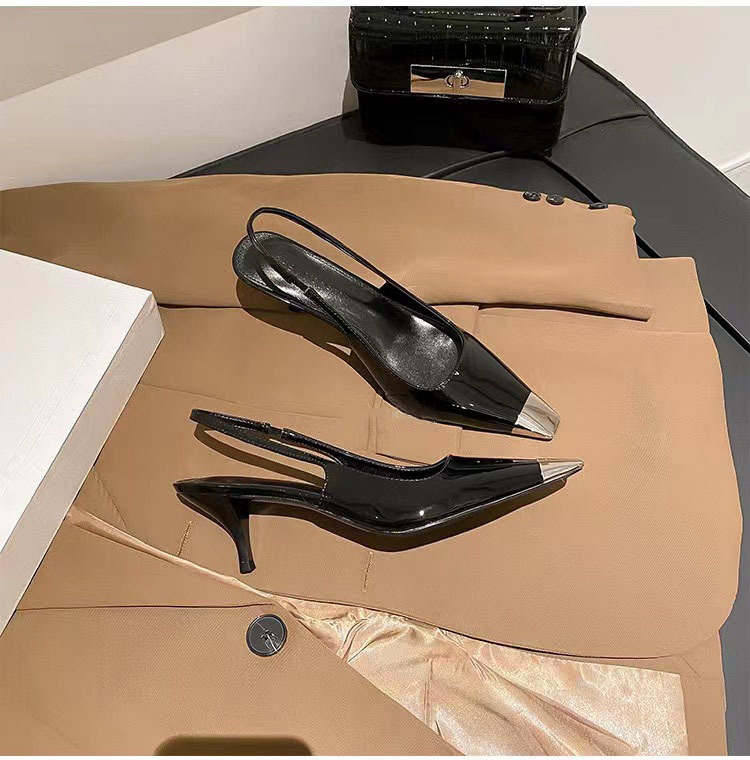 2025 new Women's pointed-toe high heels black patent leather sandals women's single shoes stiletto heels