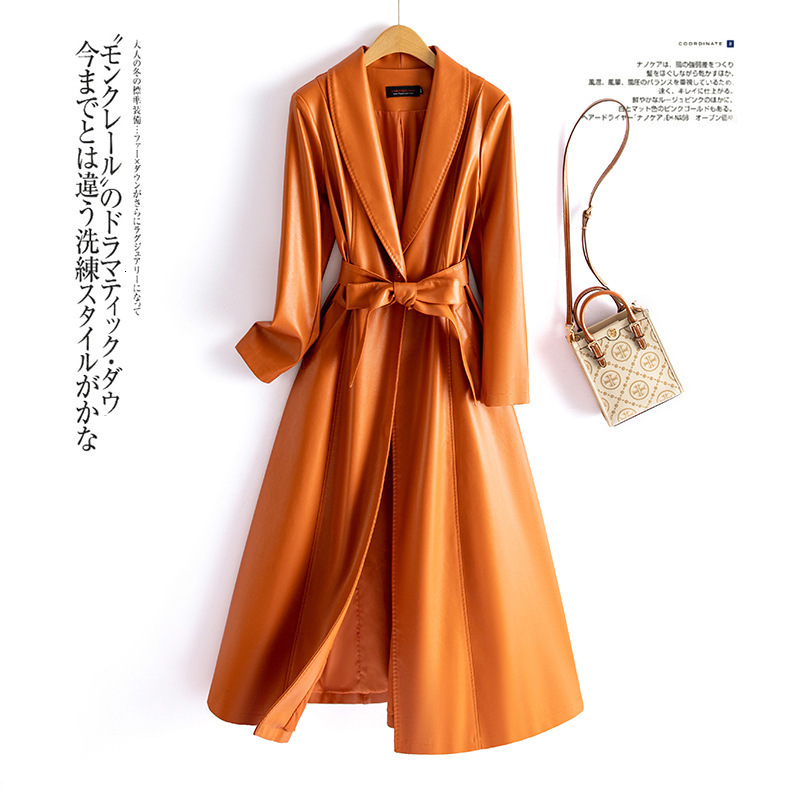 2024 Kafuland Autumn Winter New Korean Style Leather Trench Coat Women PU Leather Jacket Long Slim Fit Leather Coat Plus Size 817 241122
