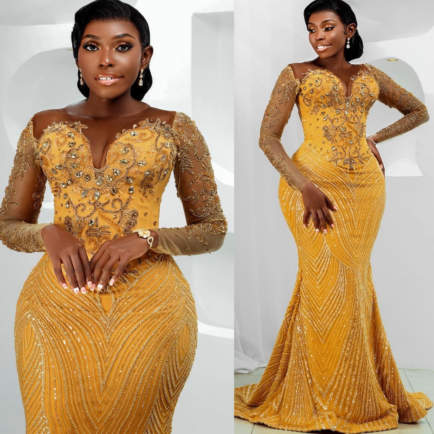 Aso Ebi Gold Mermaid Prom Dresses 2026 Sheer Neck Crystals Sequined Evening Formal Party Second Birthday Engagement Gowns Plus Size Dress For Special 