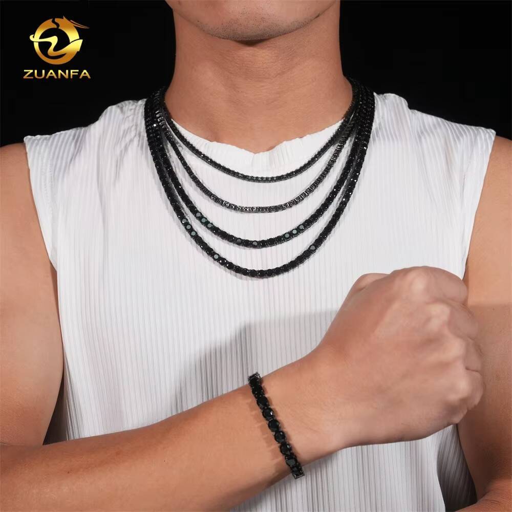 Wholesale Price Solid 925 Silver Hip Hop Jewelry Bracelet Necklace Iced Out 2 to 65mm Black VVS Moissanite Diamond Tennis Chain