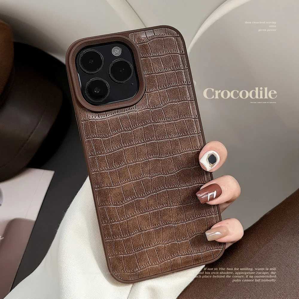 Stylish Vintage Brown Alligator Texture Cover Case for iphone 12 13 14 15 16 17 Pro Max Plus Earth Tone Faux Leather Phone Case Z251203