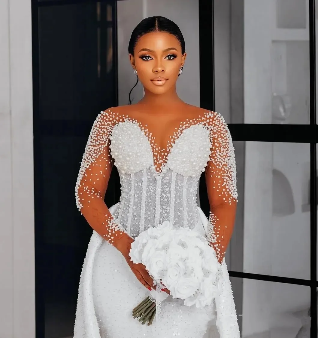 Shiny Pearls Mermaid Bridal Gowns Off Shoulder Long Sleeve Wedding Dresses Sequins Vestidos De Novia Customized