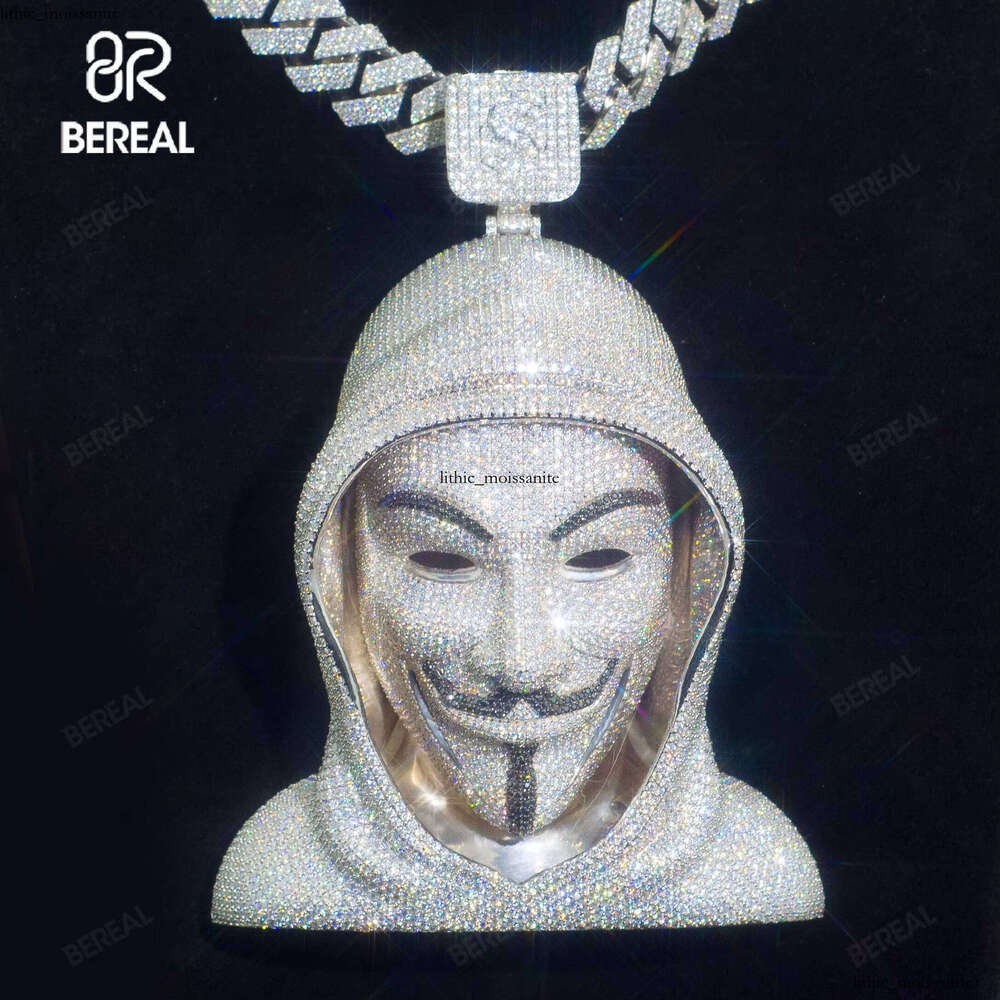 Bereal Custom Vvs Iced Out Moissanite 3D V for Vendetta Cartoon Hip Hop Pass 14K Moissanite 18K Tester Silver Pendant Men - view 4