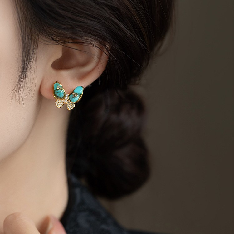 Real Gold Plated Silver Needle Zircon Butterfly Pearl Light Luxury High-end Earrings Design Sense Niche Autumn Winter Ear Jewelry - view 5
