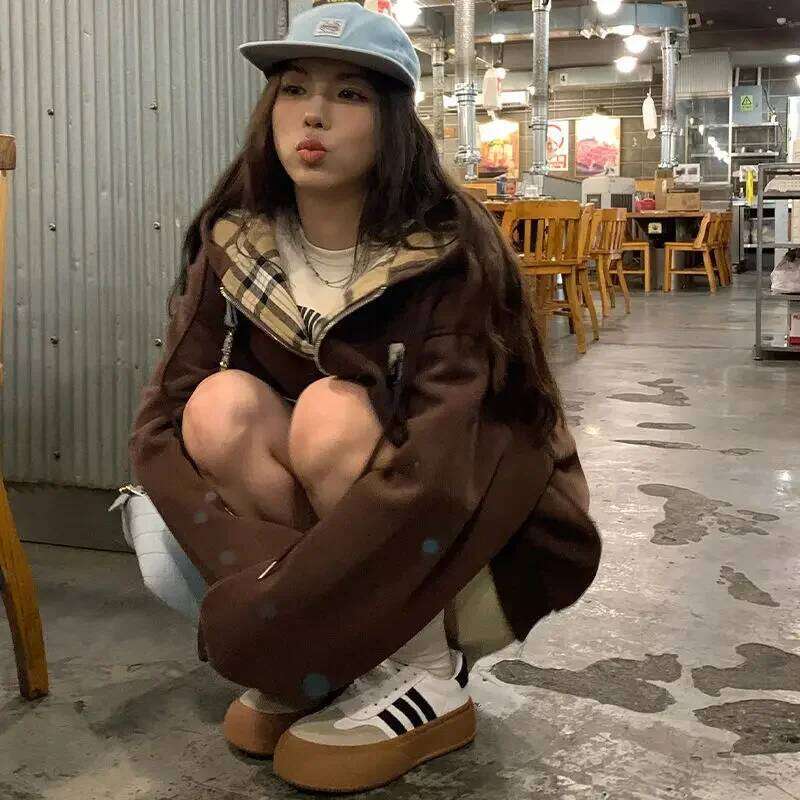 Fashion Brown Zip Up Hoodie 2023 Autumn Lattice Stitching Long Sleeve Casual Oversized Sweatshirt Solid Jacket Women Clothing