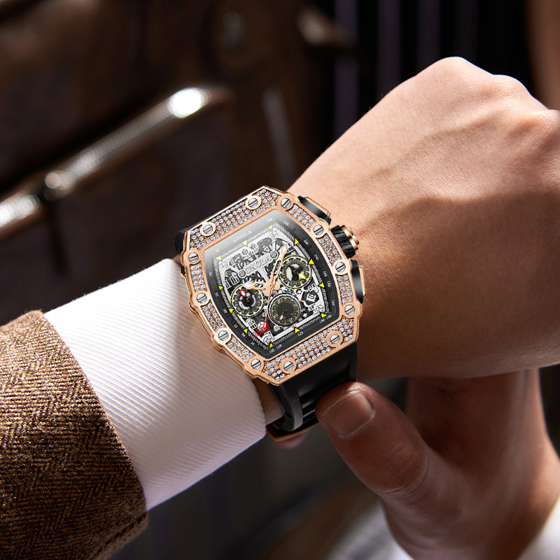 ONOLA Men's Skeleton Diamond Watch 43mm Luminous Rose Gold Diamond Dial Black Silicone Strap Cool Crown 50M Waterproof Quartz