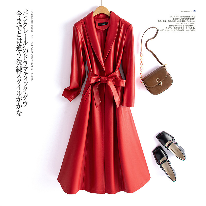 2024 Kafuland Autumn Winter New Korean Style Leather Trench Coat Women PU Leather Jacket Long Slim Fit Leather Coat Plus Size 817 241122