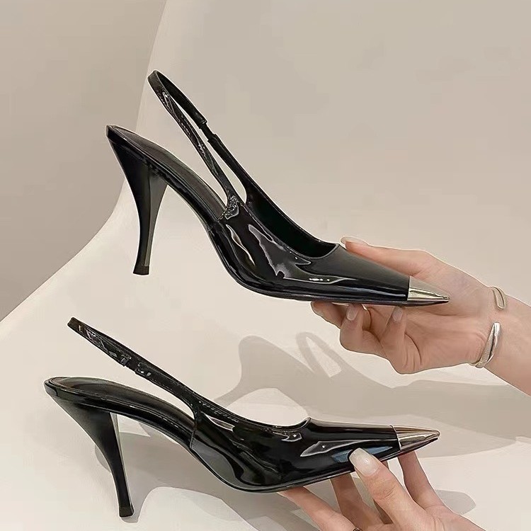 2025 new Women's pointed-toe high heels black patent leather sandals women's single shoes stiletto heels