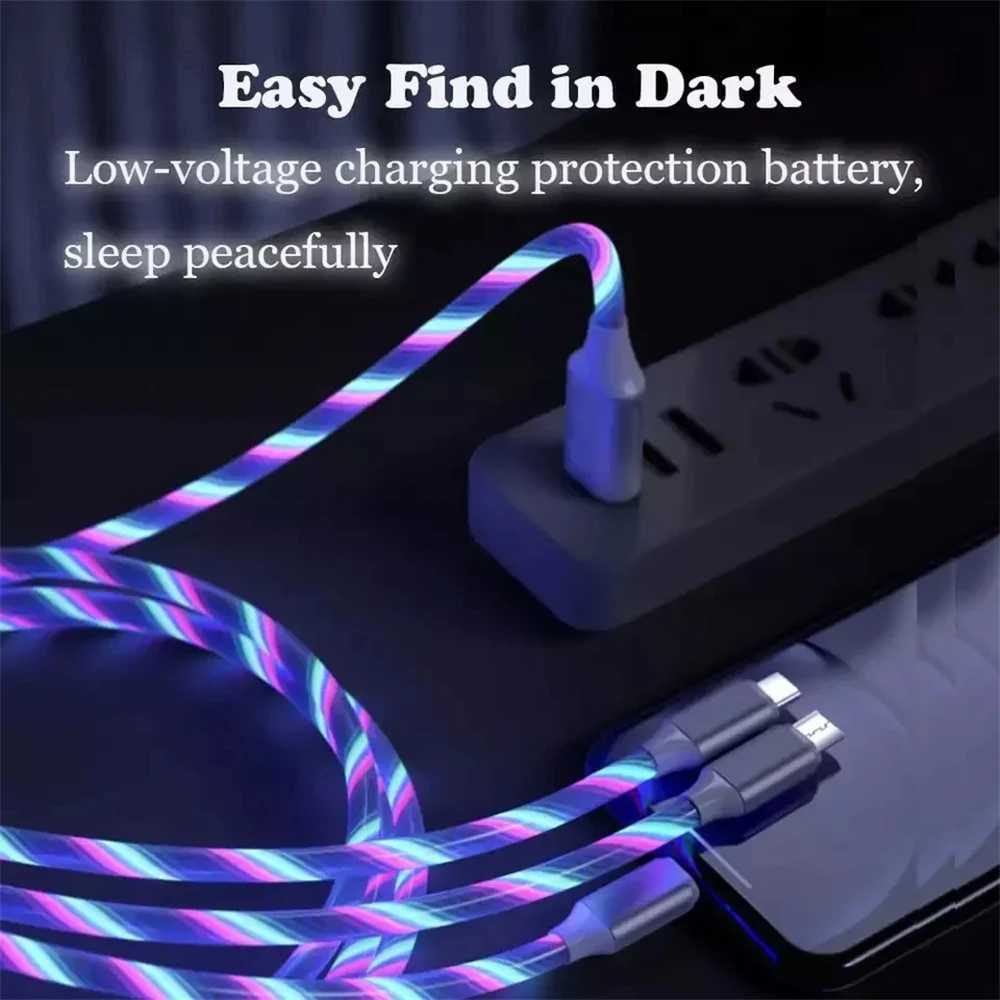 NNBILLI Glowing LED Light 3in1 3A Fast Charging Micro USB Type C Cable For iPhone Redmi Phone Accessories C251203