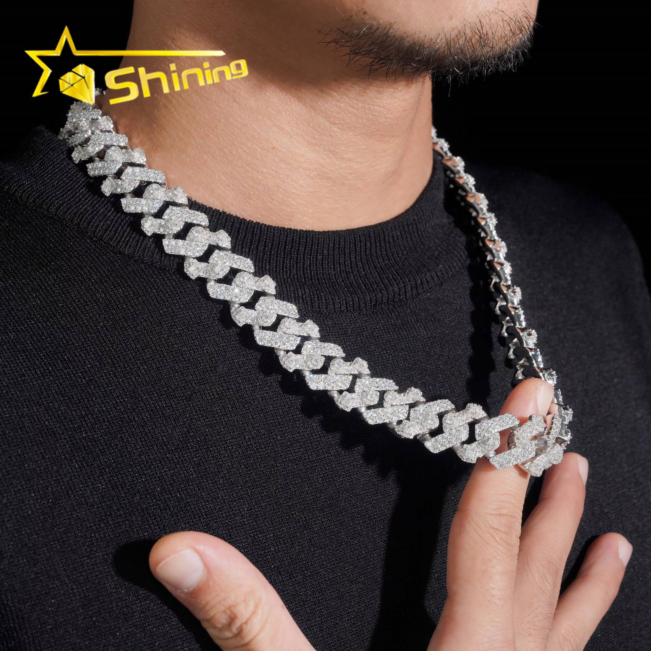 Pass Diamond Tester Men Necklace 925 Sterling Silver Hip Hop Iced Out Emerald Cut Moissanite 18mm 2 Rows Cuban Link Chain