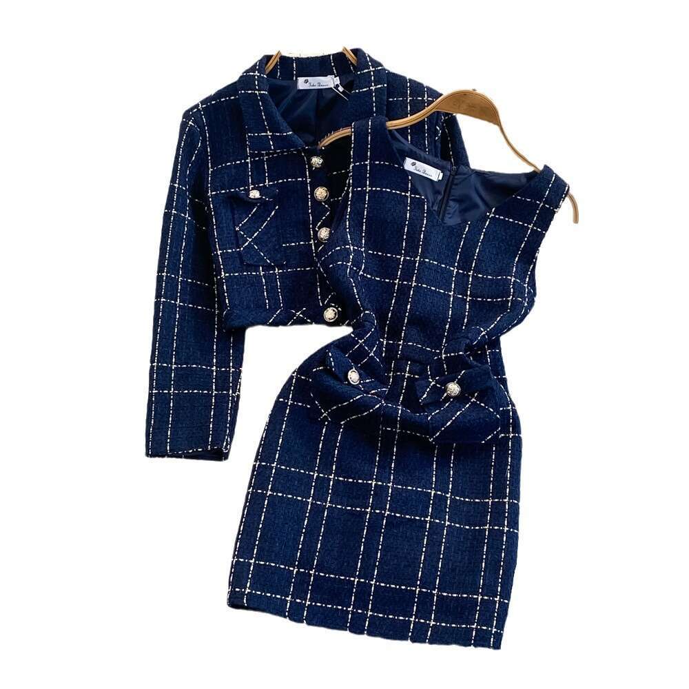 Dress for Women Designer Luxury Spring Autumn Winter Socialite Elegant Long Sleeve Tweed Coat Two-Piece Set Waist-Cinching Vest Bodycon